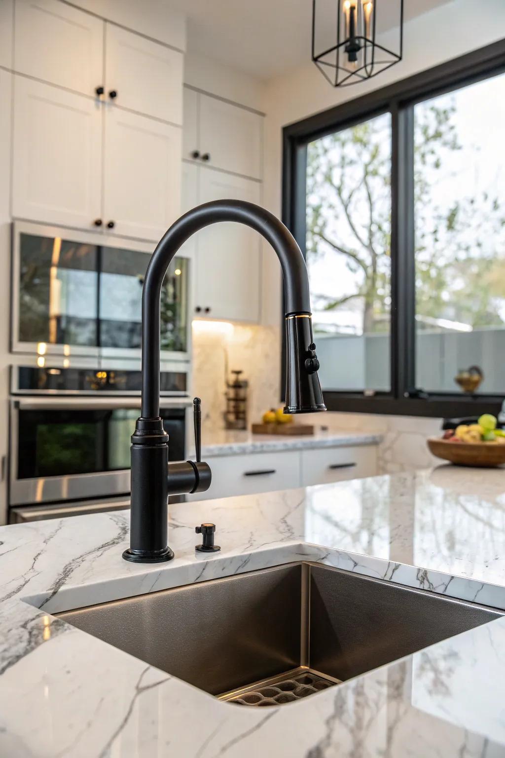 Functionality meets design in this dark tap fitted with a pull-down sprayer.