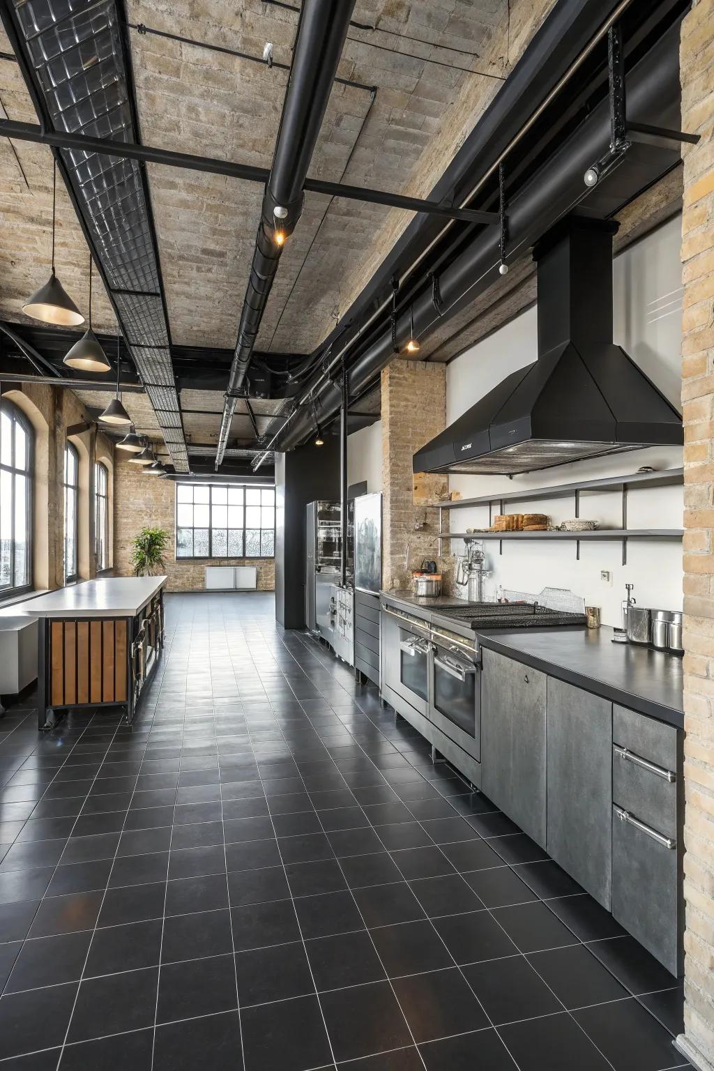 An industrial-style kitchen that pairs ink floors with metallic touches.
