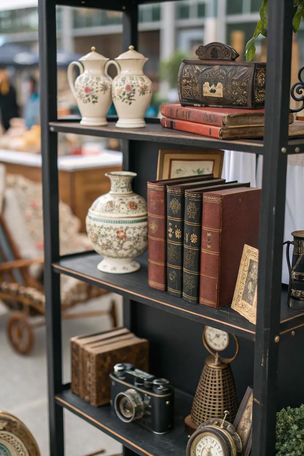 A themed collection of vintage items creating a cohesive look on a dark shelf.