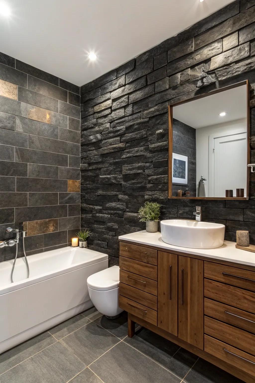 Textured splitface tiles add rustic charm to the bathroom.