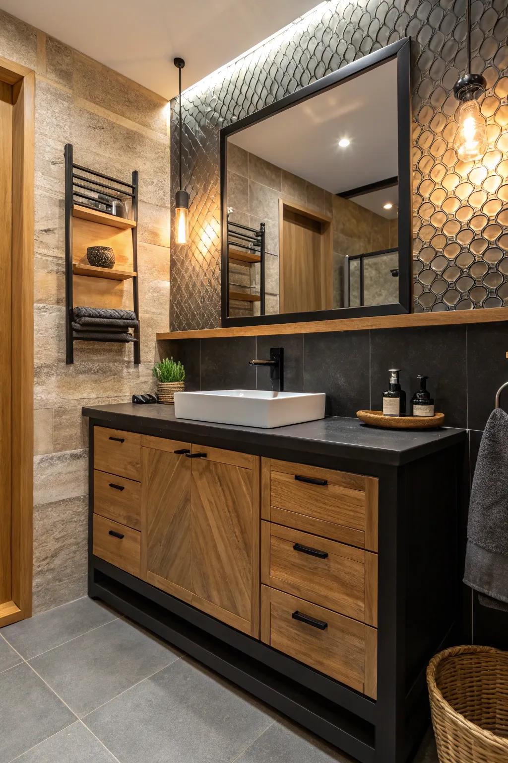 Wooden pieces add warmth and a natural feel to a dark sink cabinet setup.