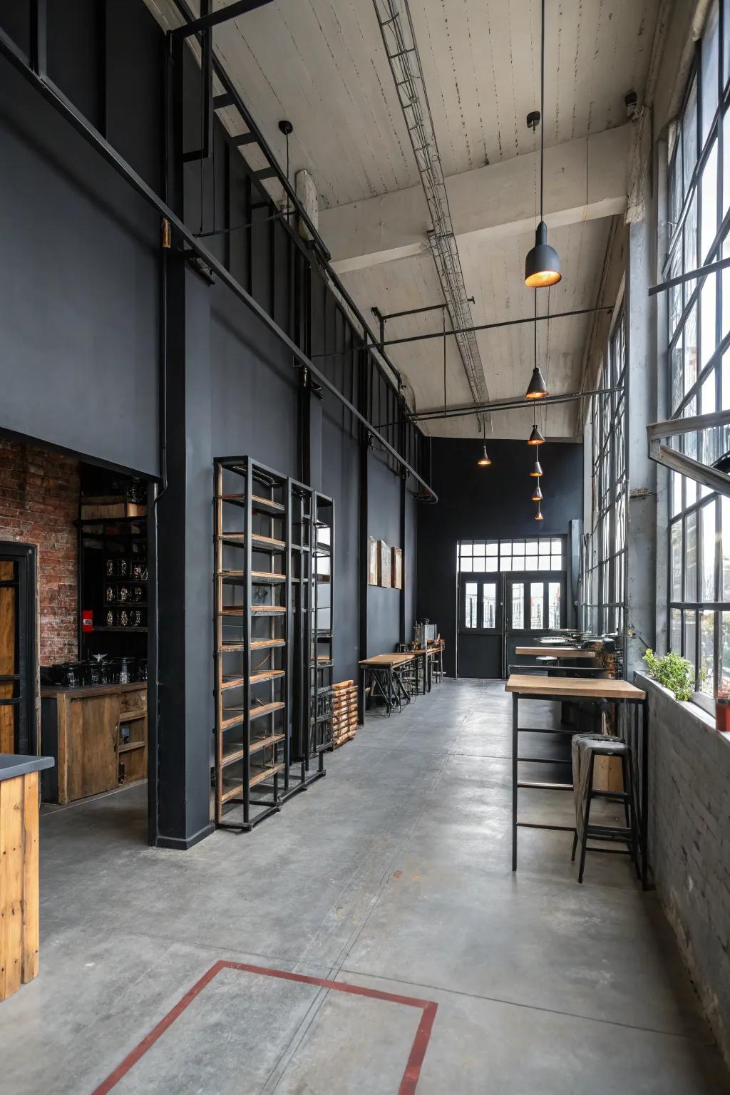 An industrial-style room with a shadowy wall.