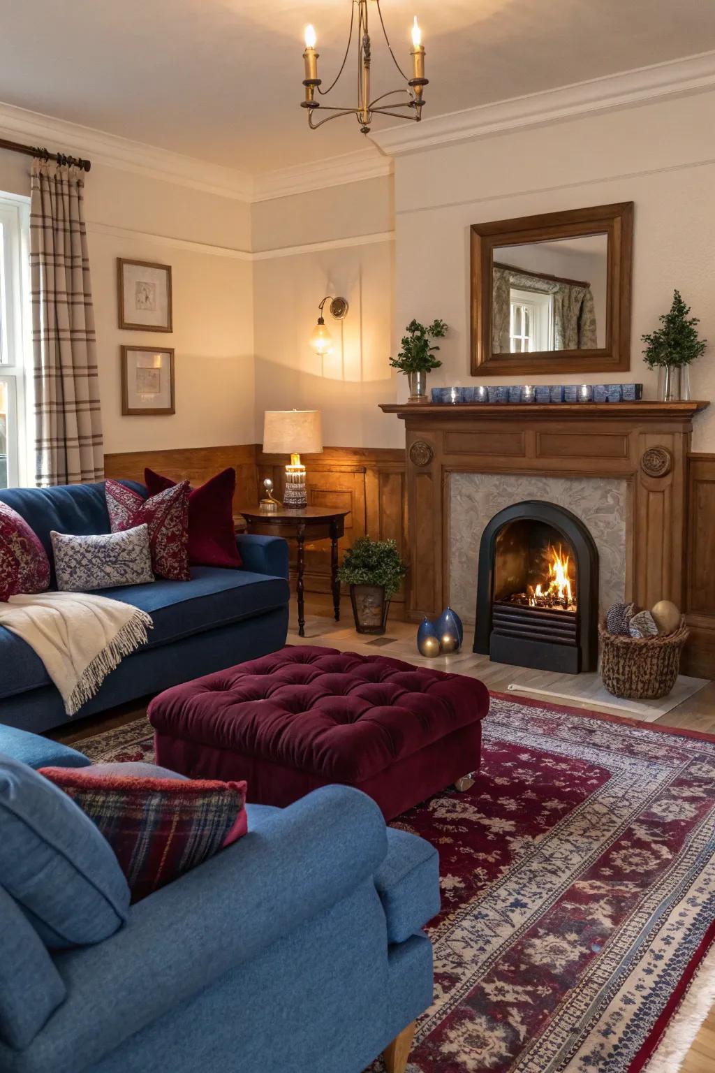 The hearth becomes a cozy focus with surrounding azure and crimson decor.