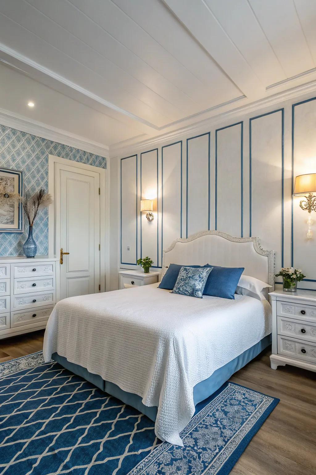 Highlight lighting adds elegance and emphasizes the features of a blue and white bedroom.