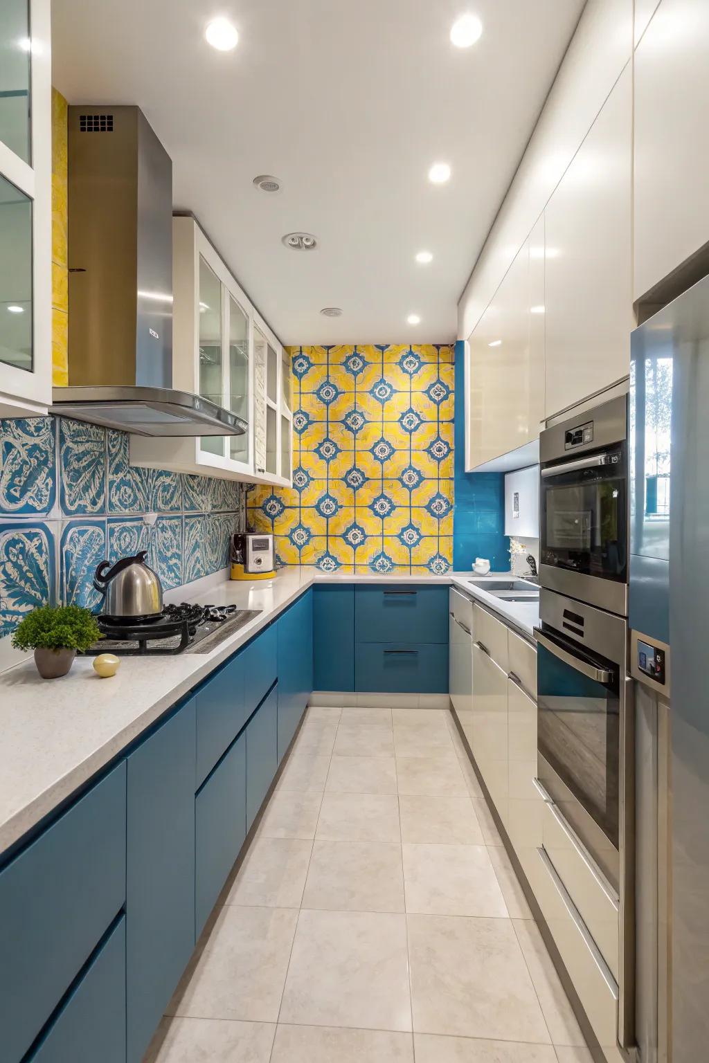 A kitchen featuring a blue and yellow backsplash for a stylish look.