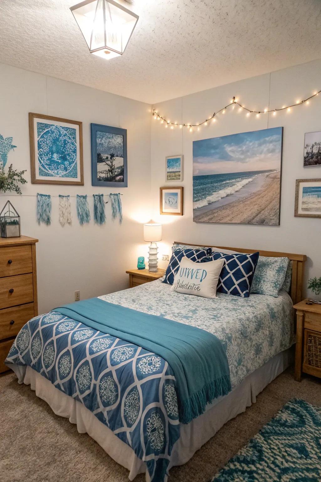 Azure artworks enrich the bedroom's motif.