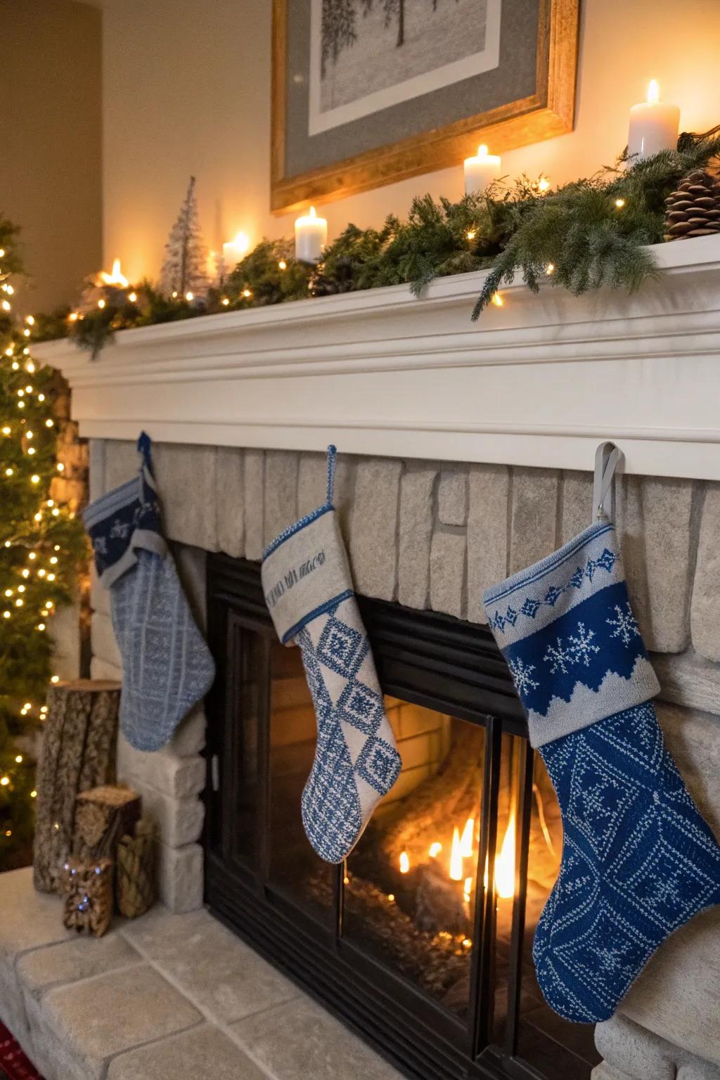 Azure and argent hosiery convey a cohesive impression to holiday ornamentation.