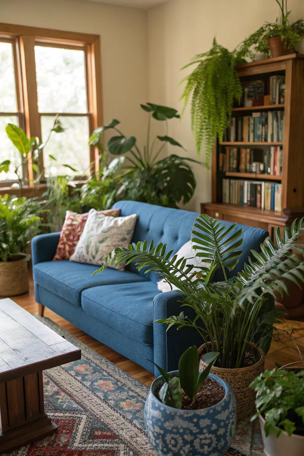 Indoor plants enhance the cerulean sofa in a revitalizing way.