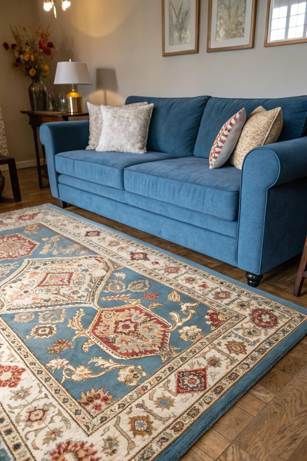 A time-worn rug adds timeless charm to the lounge.