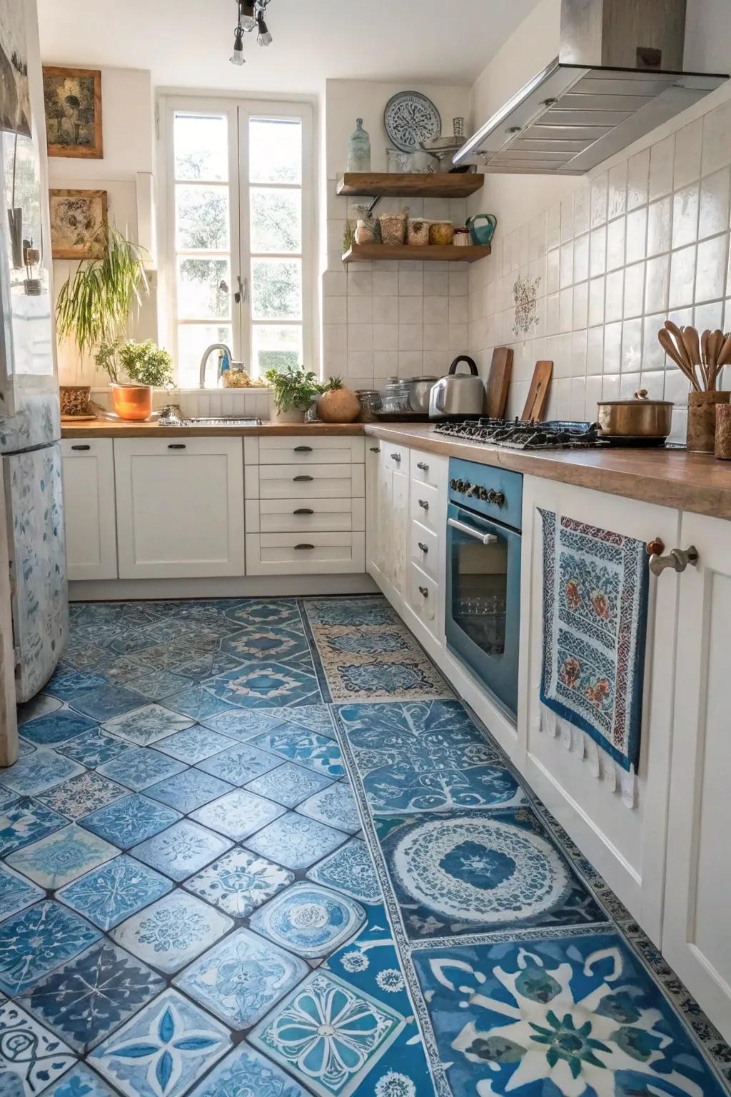Varied azure tiles inject an artistic flair into the kitchen.