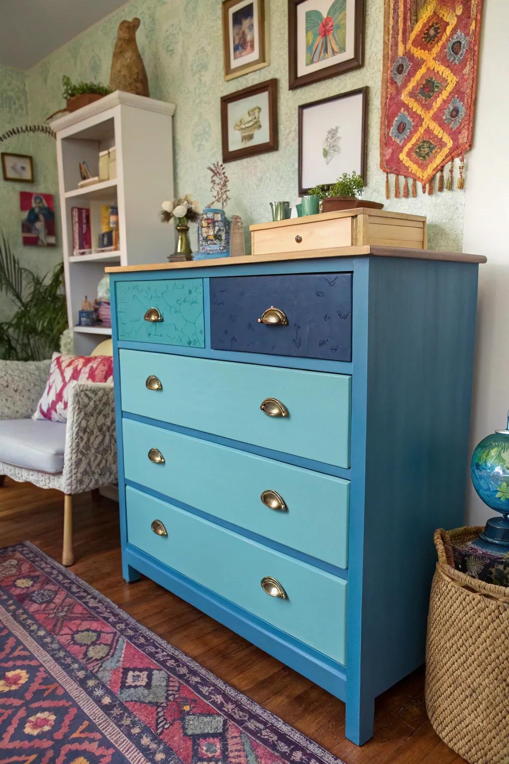 A dresser with drawers in multi-shade blue adding a whimsical touch.