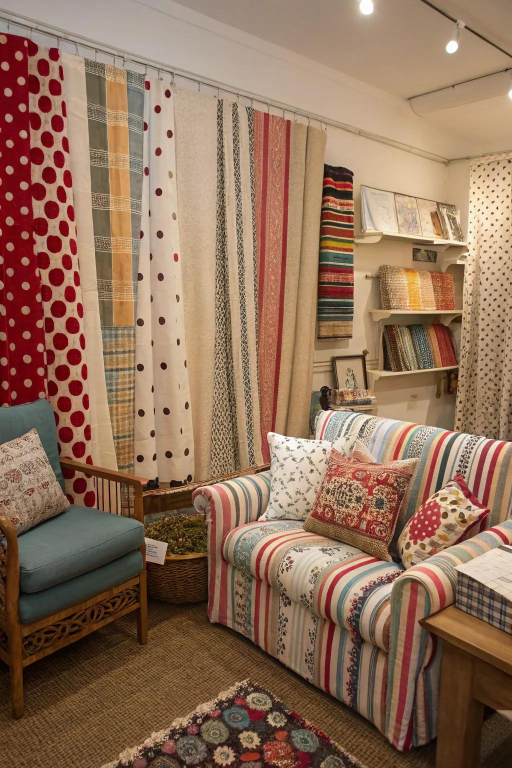 Blending designs in fabrics incorporates a lively hint to the azure aesthetic.