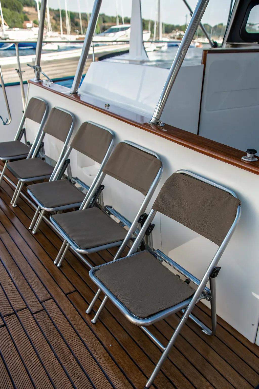 Compact folding chairs in a boat's interior.