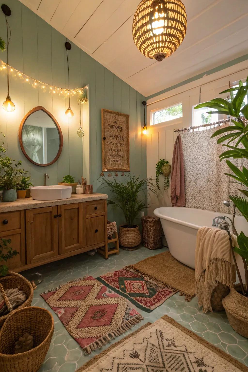 A cozy boho bathroom illuminated by warm pendant lights.