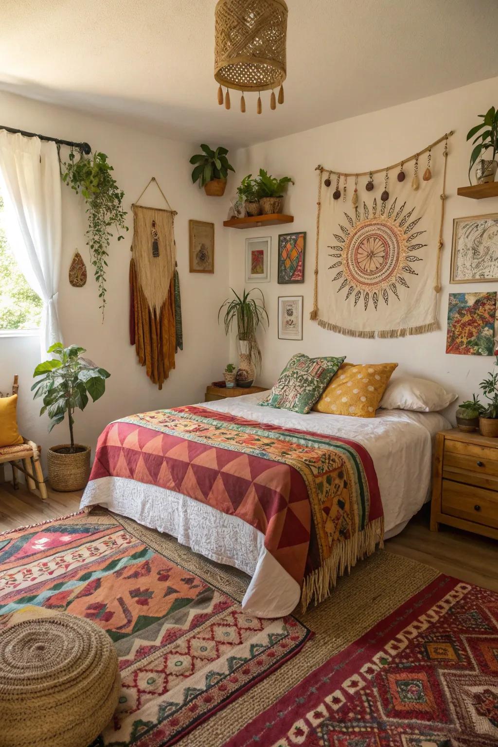 Hand-made decorations add realness and character to this boho bedroom.