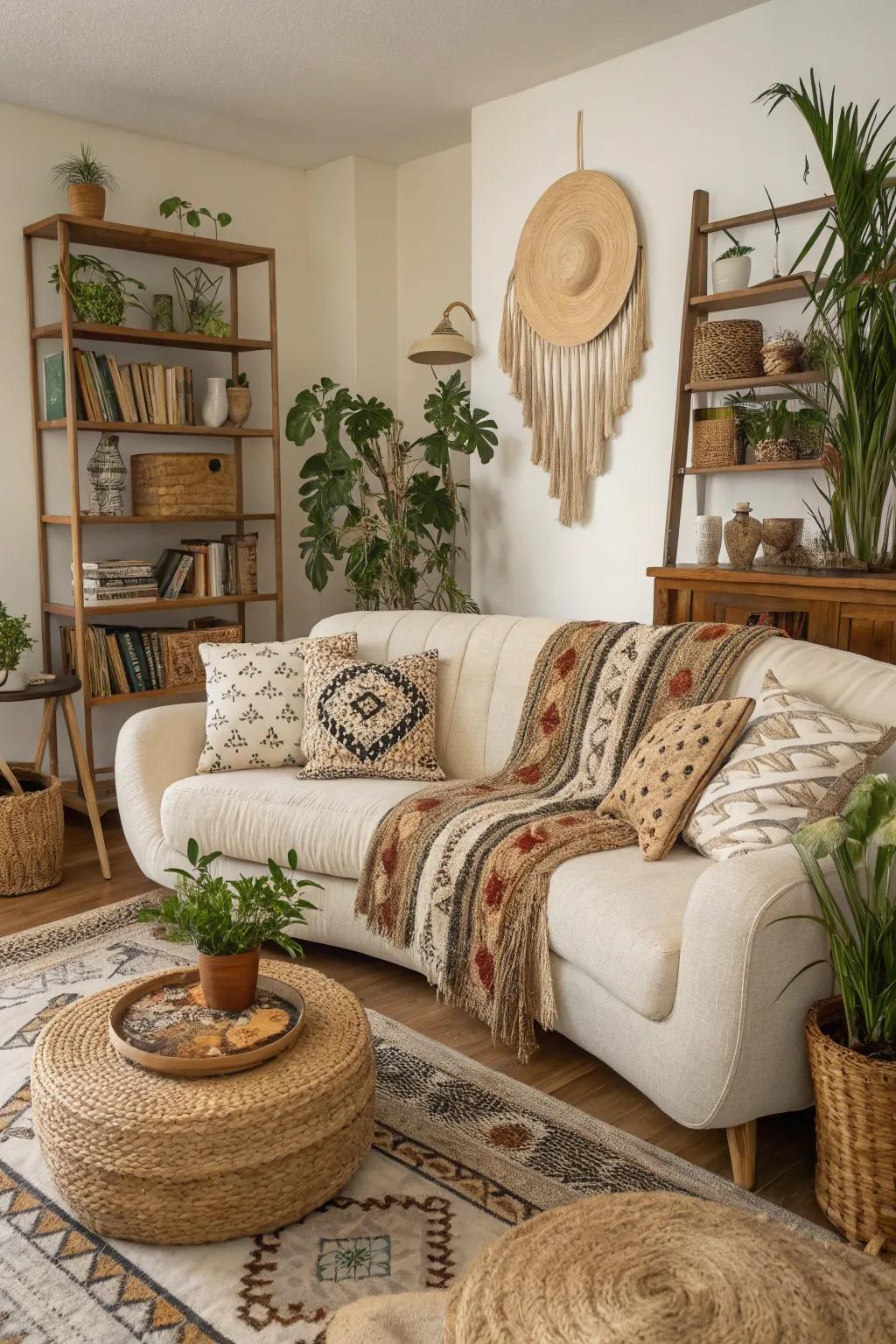 Natural forms soften the bohemian living room.