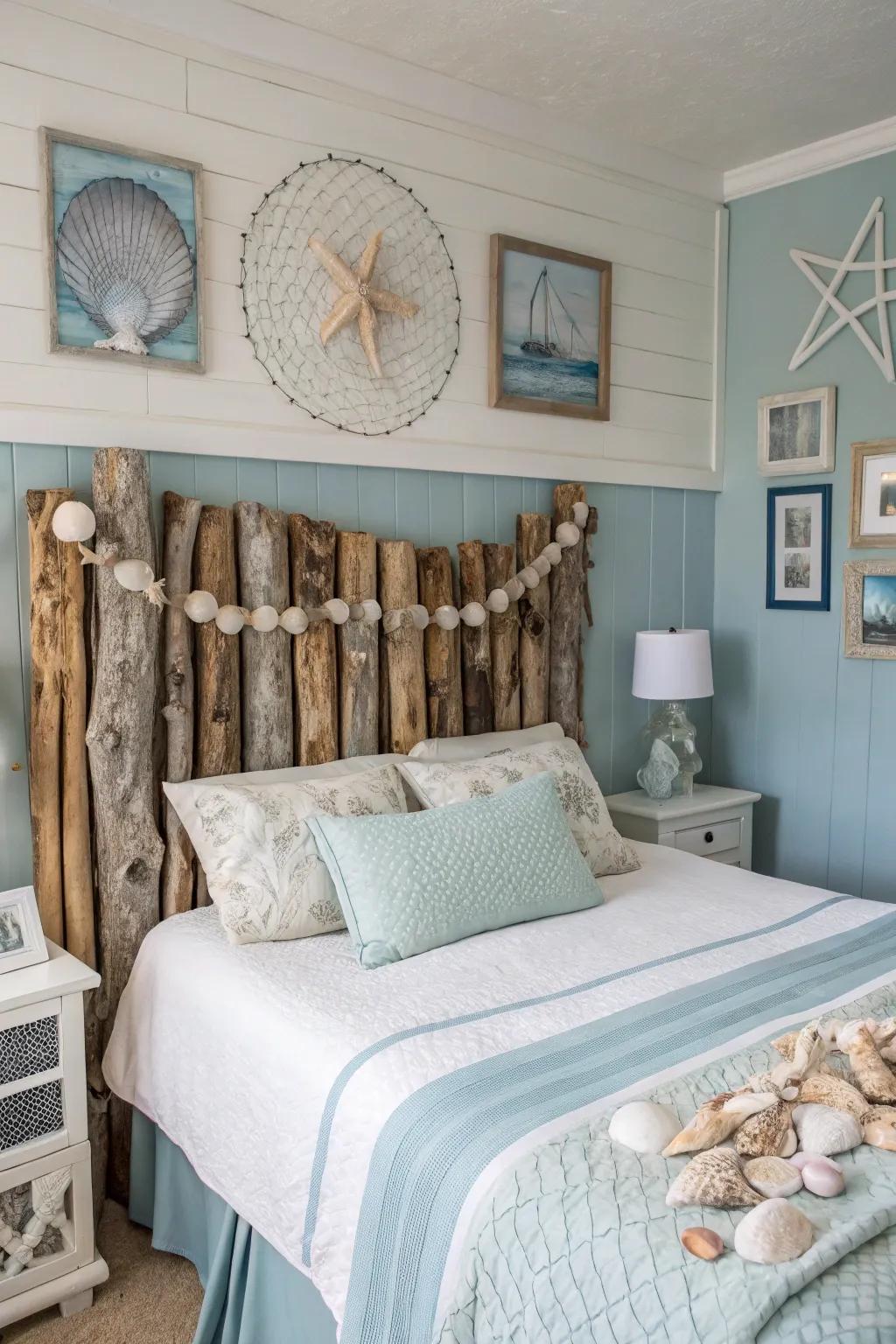 Driftwood and shells unite to create a headboard that is beachy, bohemian, and beautiful.