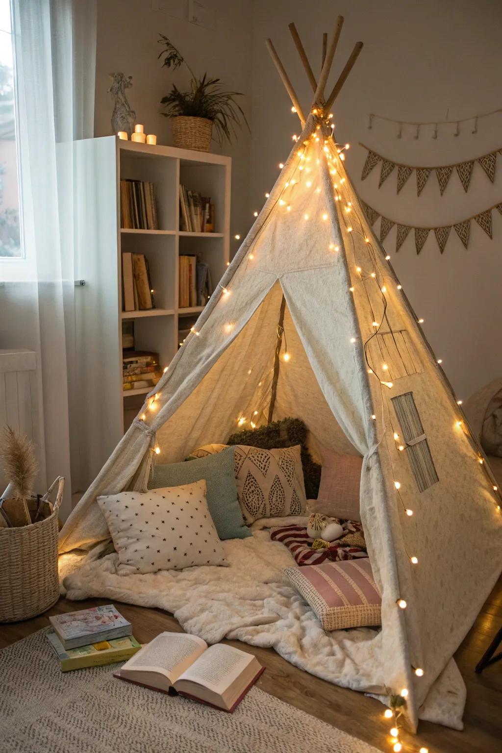 A teepee tent nook providing an enchanting reading journey.