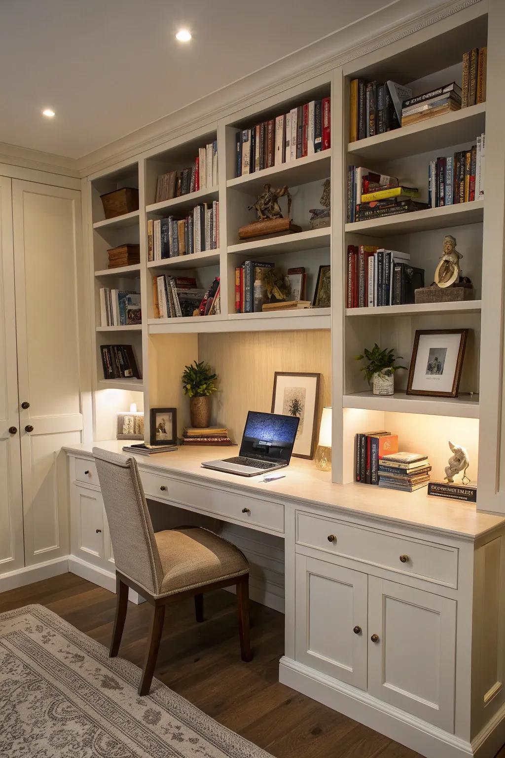 A room that works as both a cozy reading area and a productive workspace.