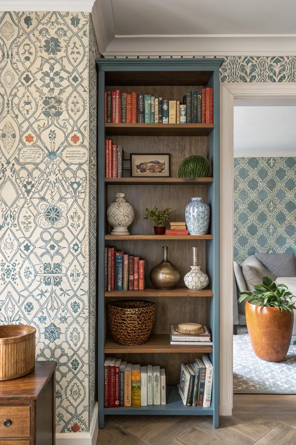 Bookshelf featuring a mix of different pattern wallpapers for an eclectic look.