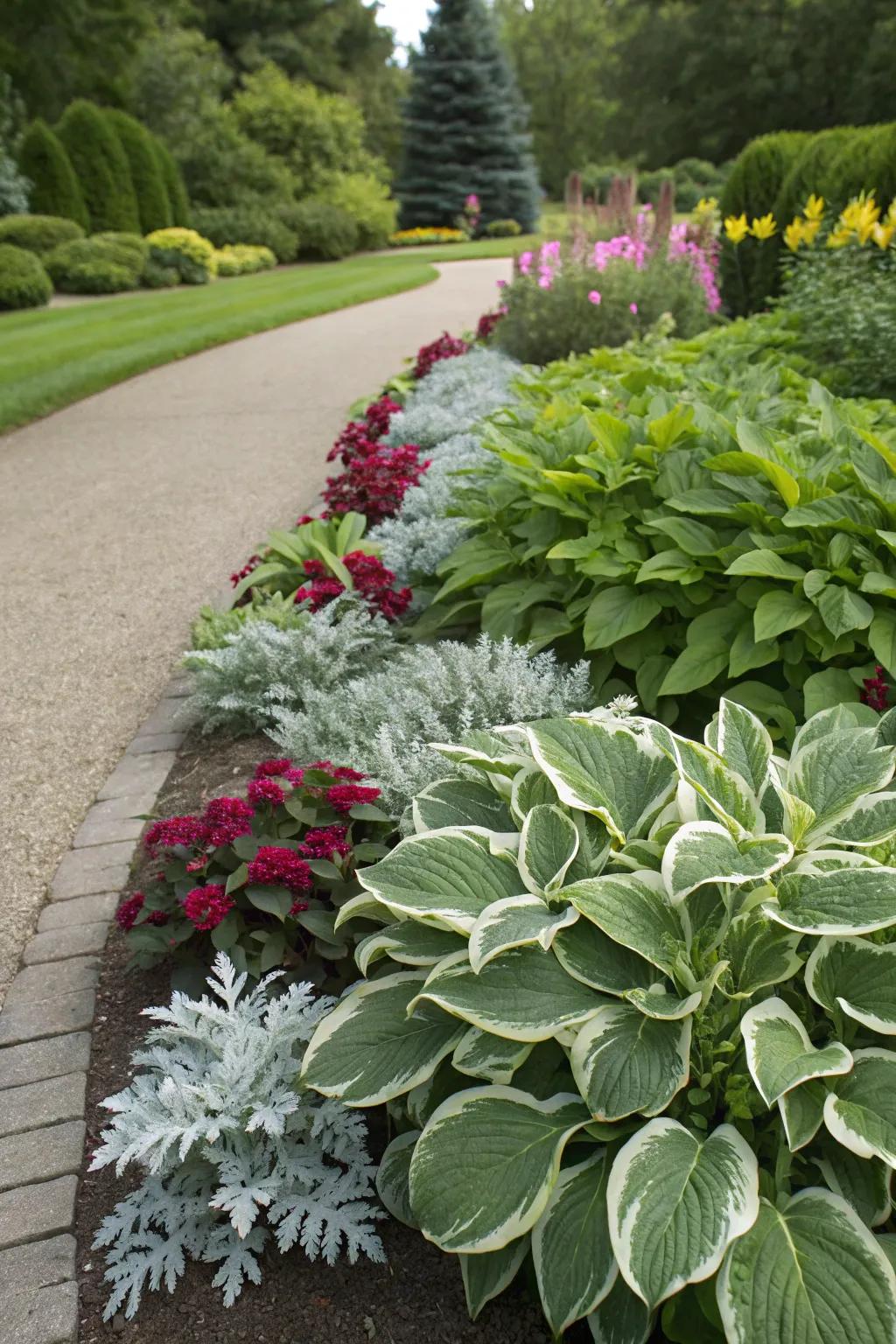 An artistic garden border with contrasting hues and feels.