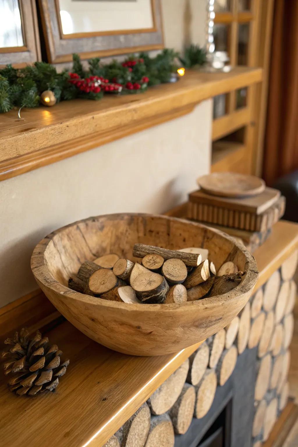 An artless bowl showcasing small timber pieces for a natural touch