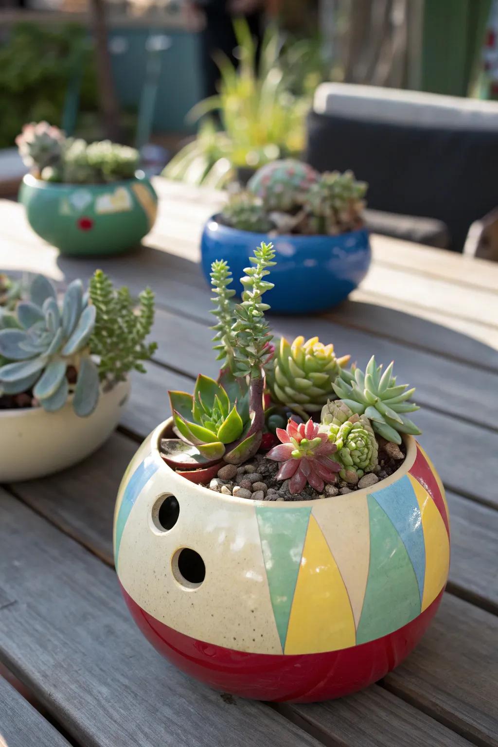 An eccentric bowling sphere flora vessel centerpiece showcasing succulents.