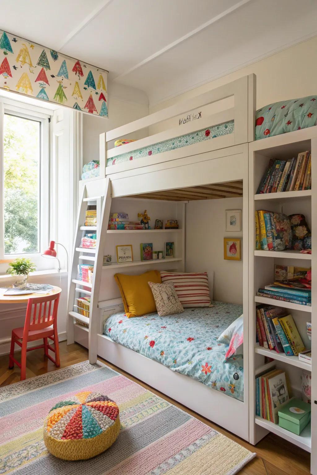 A secret hideaway provides a private space within the shared room.
