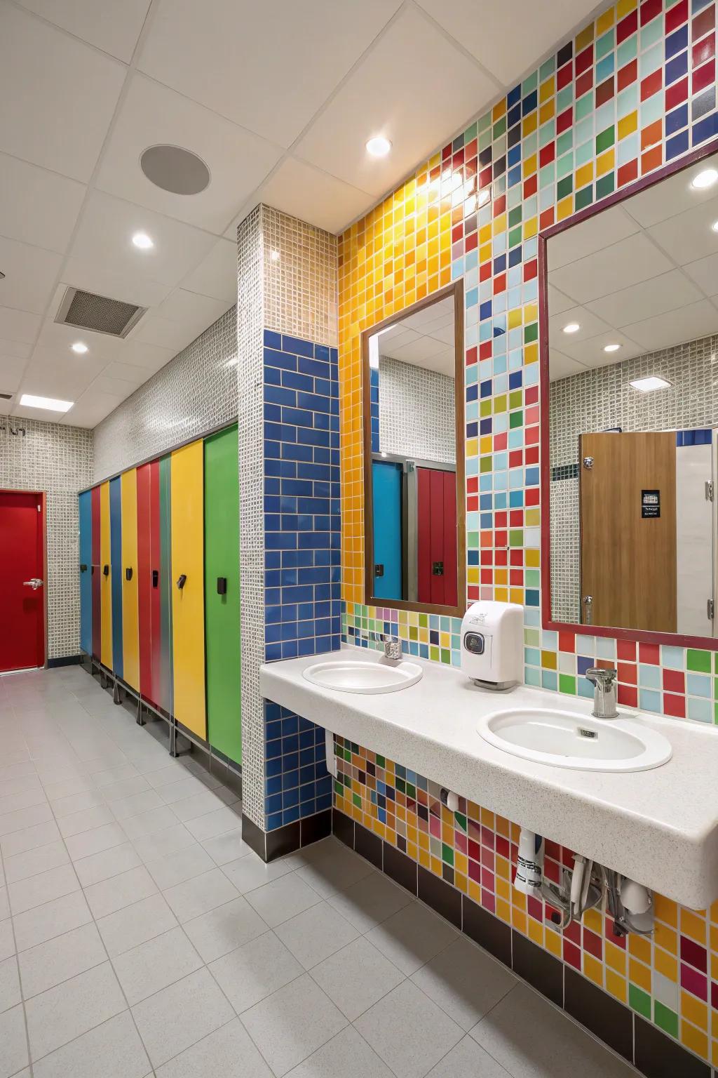 Colorful mosaic tiles introduce vibrancy to a boys' bathroom.