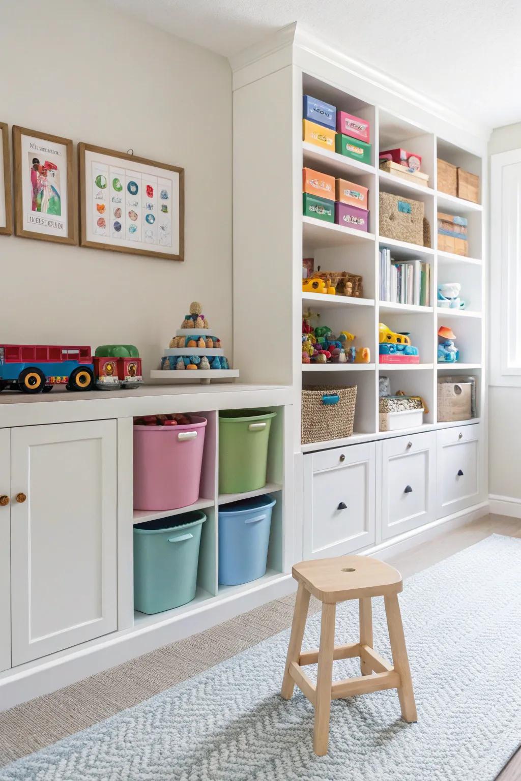 Tailored storage sustaining playroom neatness and arrangement.
