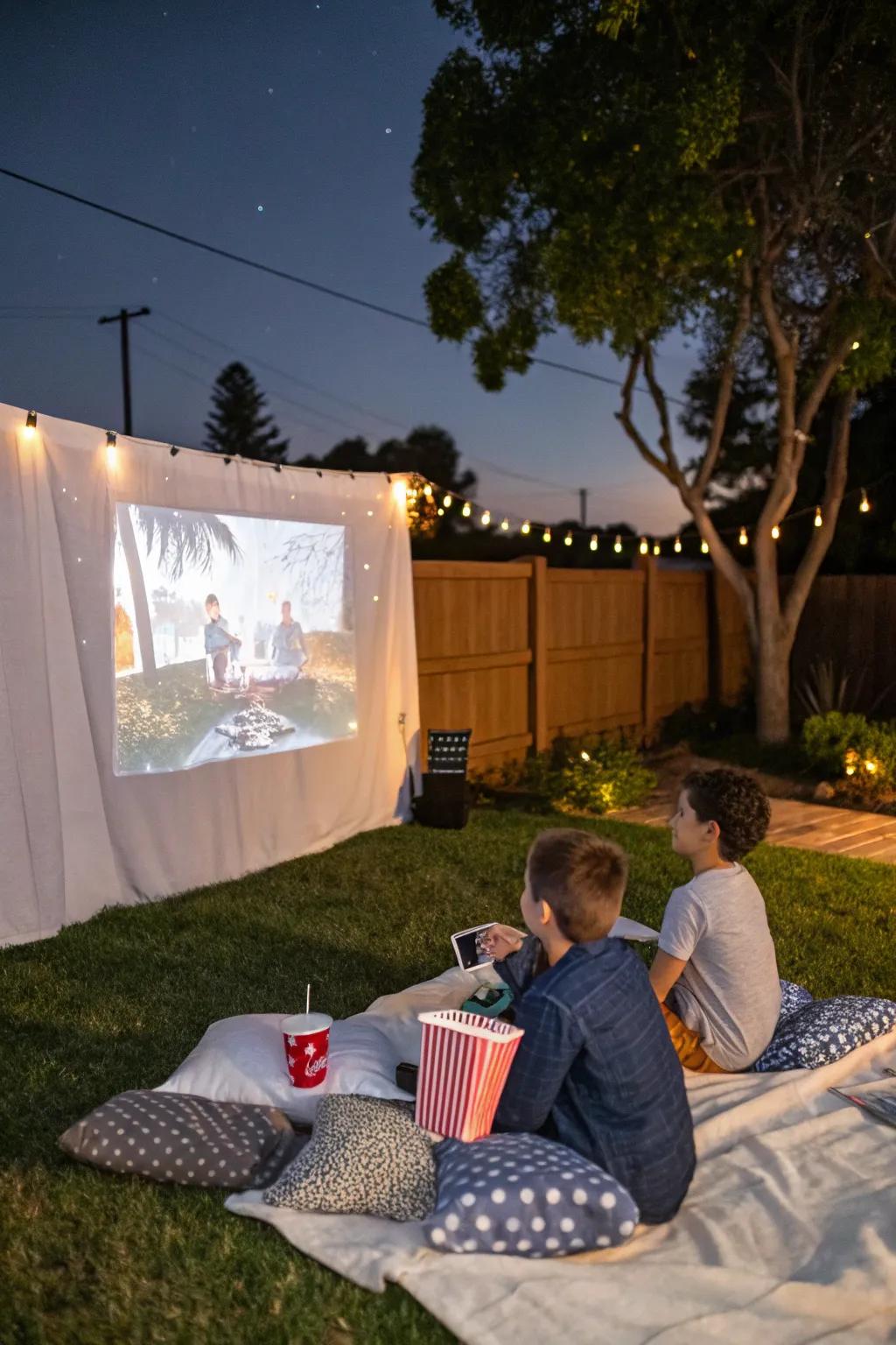 The sleepover is made more magical by an outdoor movie night beneath the stars.