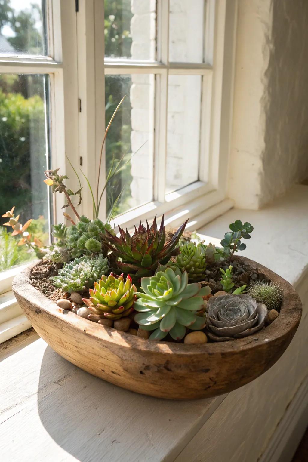 Contemporary simplicity through fleshy plants within a rustic bowl