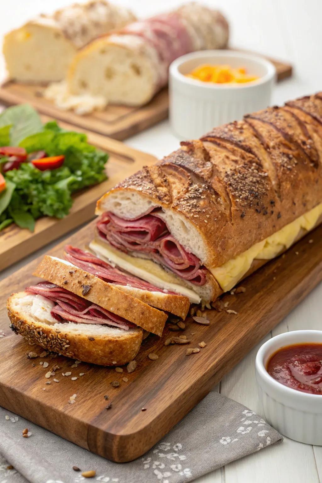 A gourmet sandwich loaf, designed to impress your guests with its flavor and presentation.