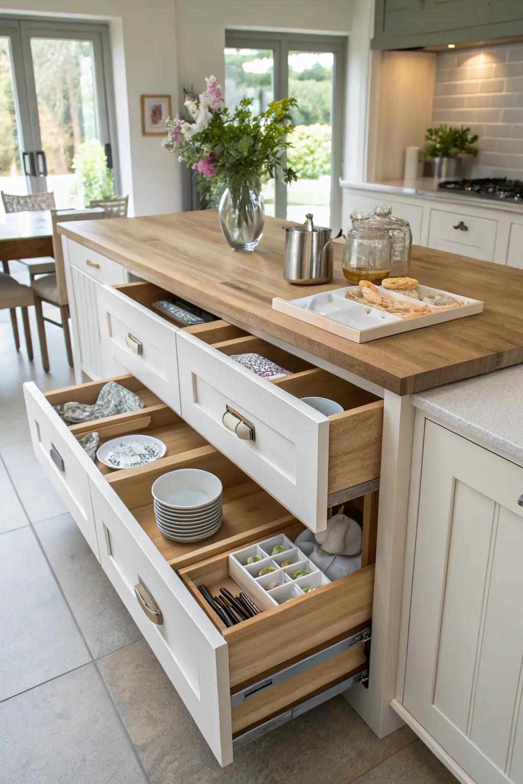 The intelligent use of space is demonstrated by the built-in storage at a breakfast bar.