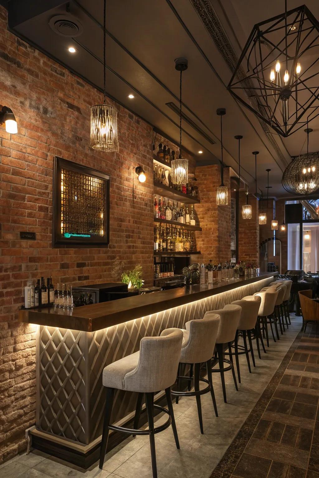 Artistic lighting introduces drama to a chic brick wall bar.