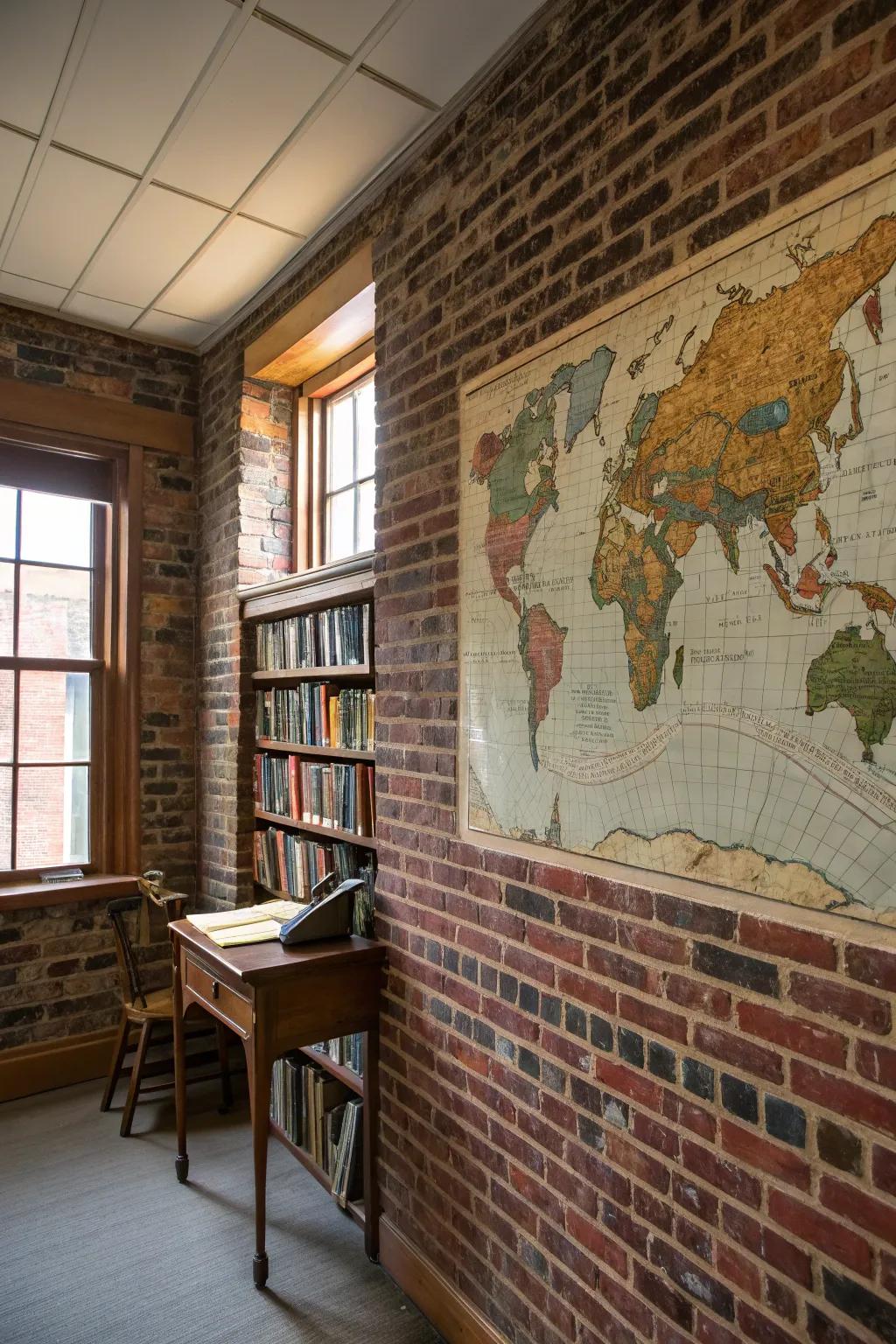 A vintage map mural transforms a brick wall into a journey.