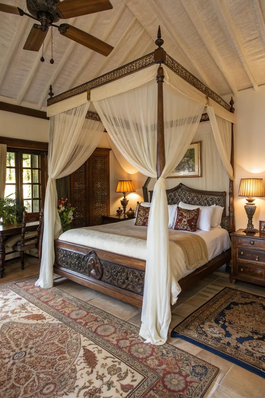 A canopied bed adds beauty and drama to the bedroom.