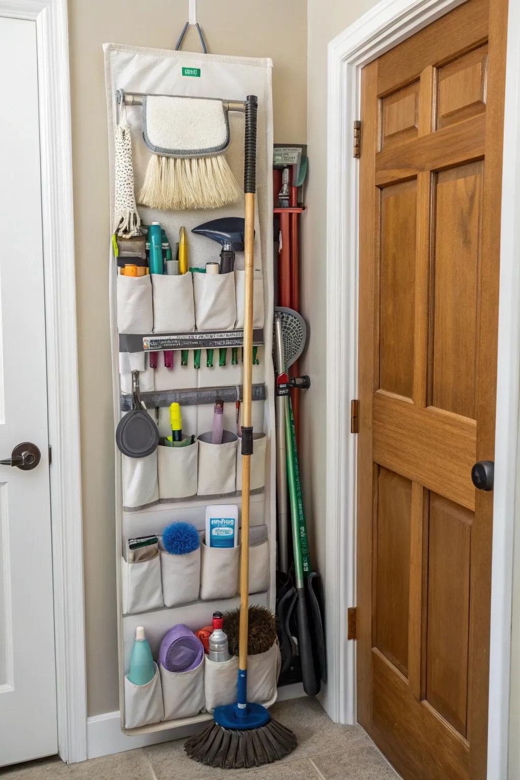 Transform a shoe organizer into a cleaning supply holder.