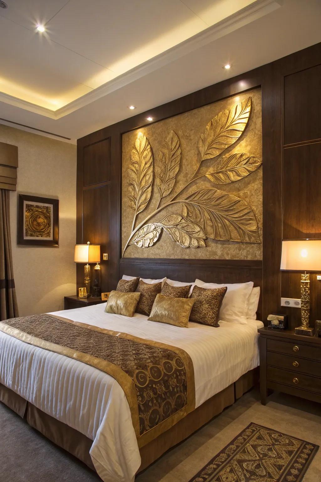 Gilded leaf artwork becomes a stunning focal point in the room.