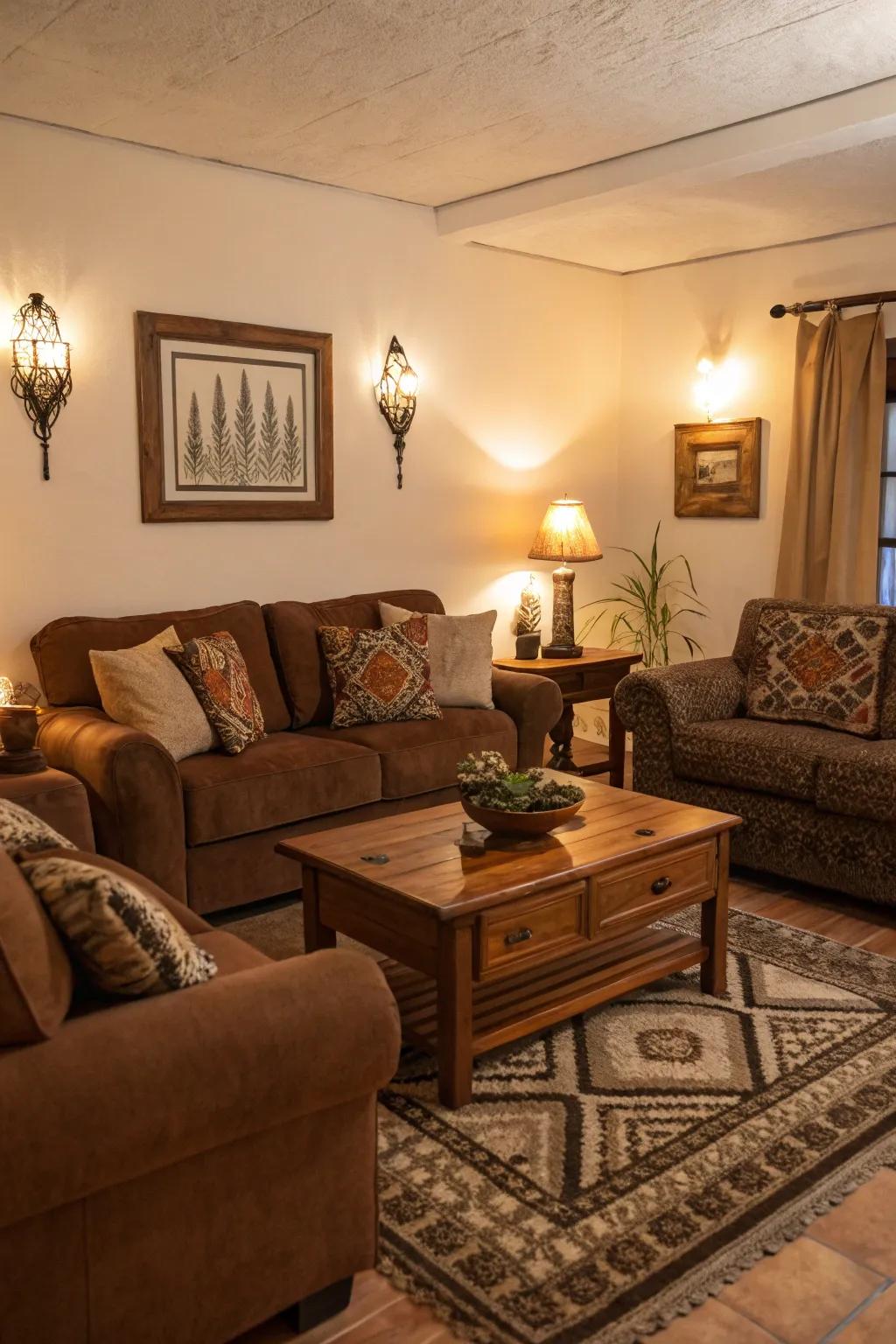 Inviting radiance heightens the snug sensation of a cocoa family room.