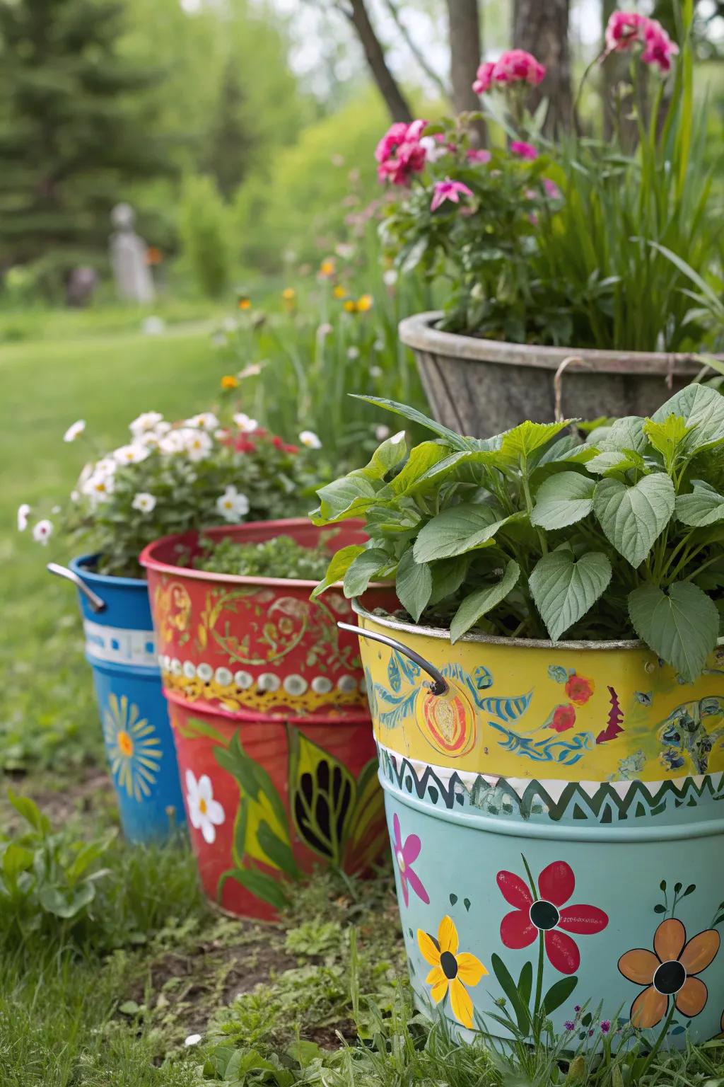 Repurposed buckets transformed into endearing garden planters.
