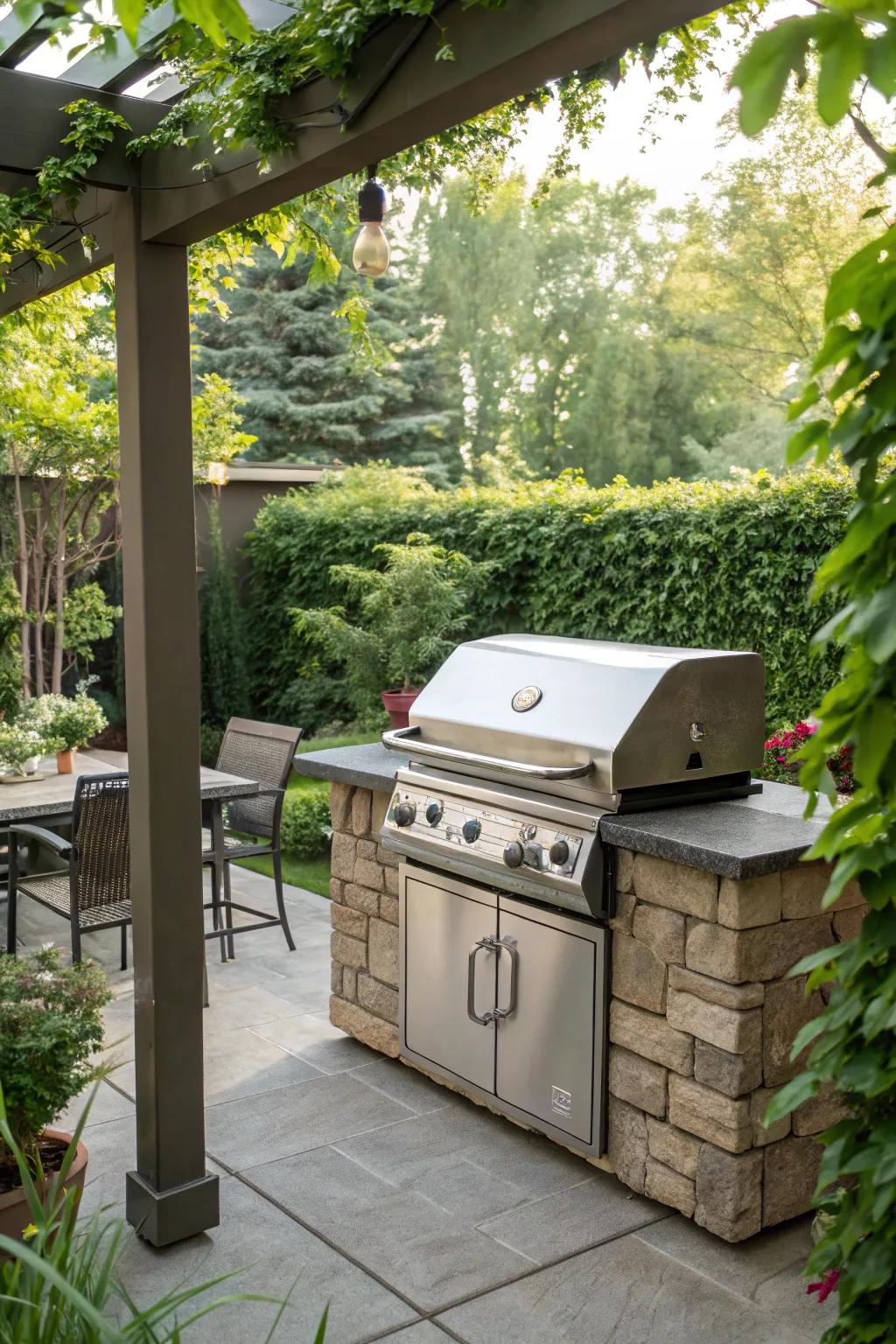 A BBQ setup blending flawlessly with garden views.