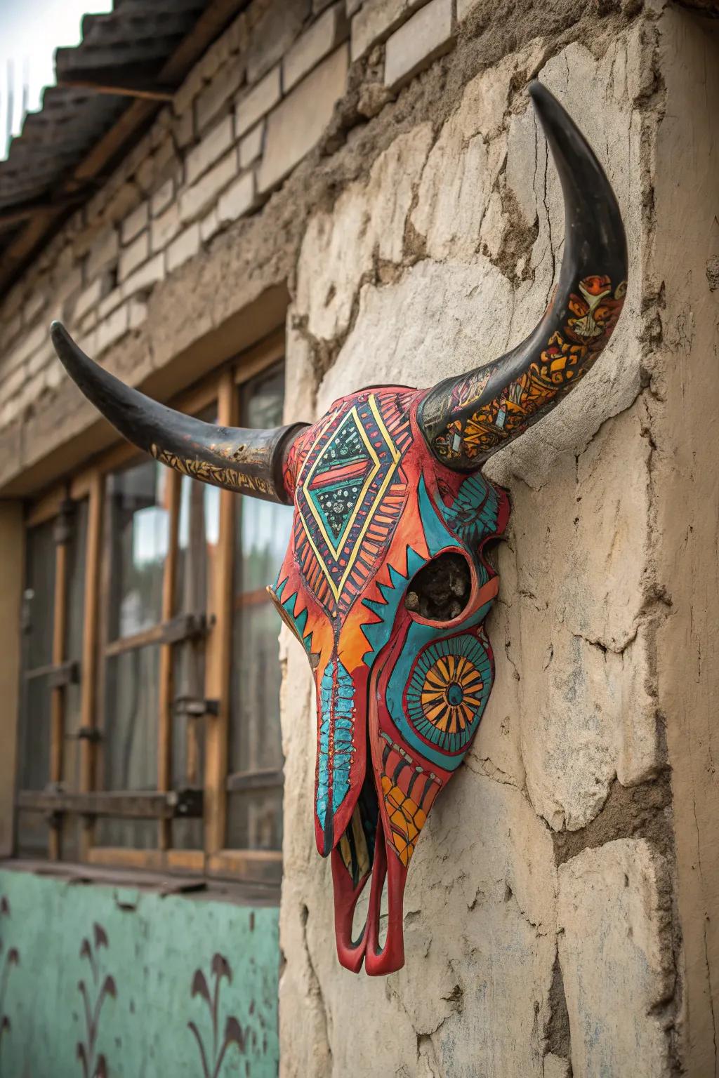 Vibrantly coated bovine skull instilling individuality.