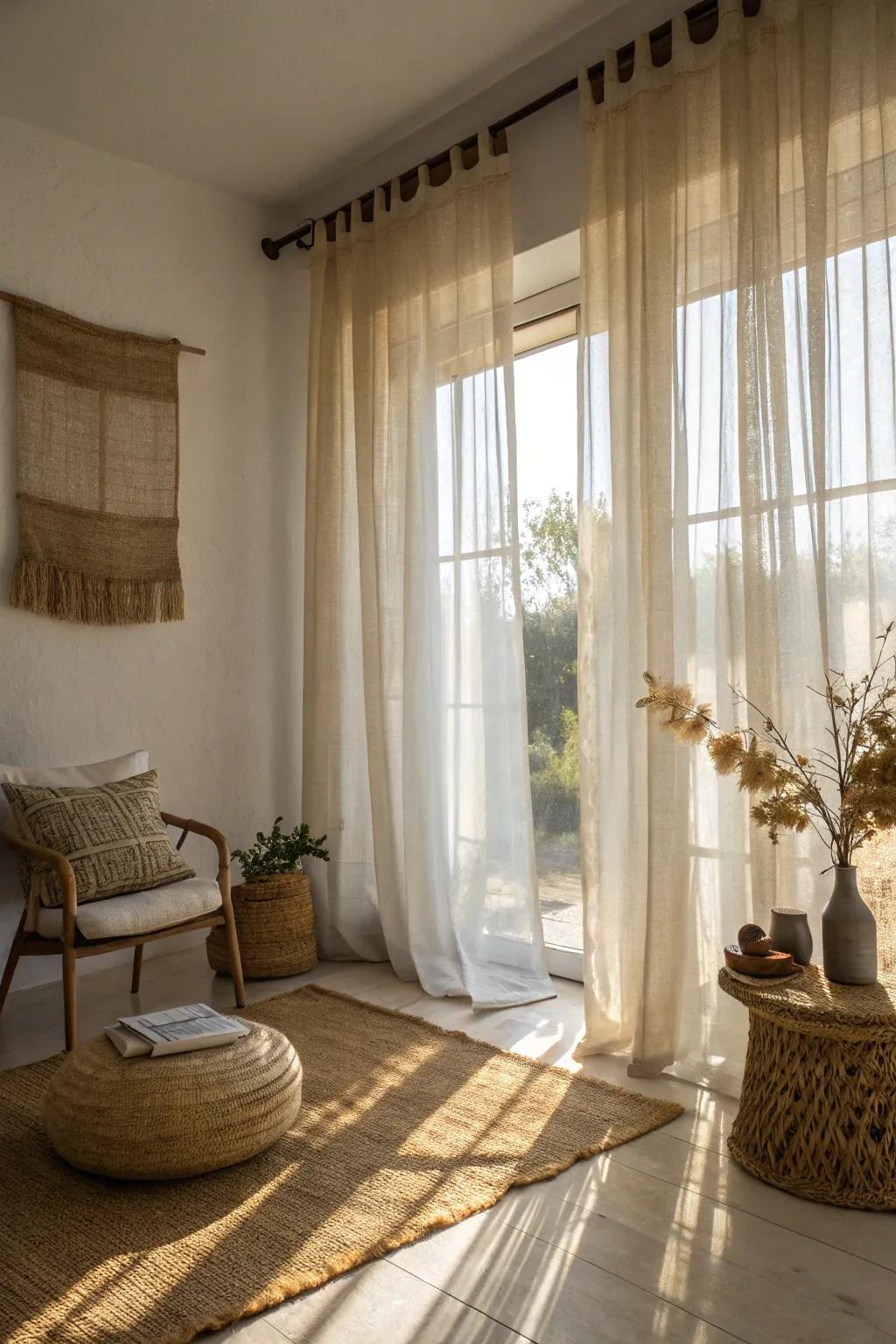 Light and airy with layered woven fiber and light filtering drapes.
