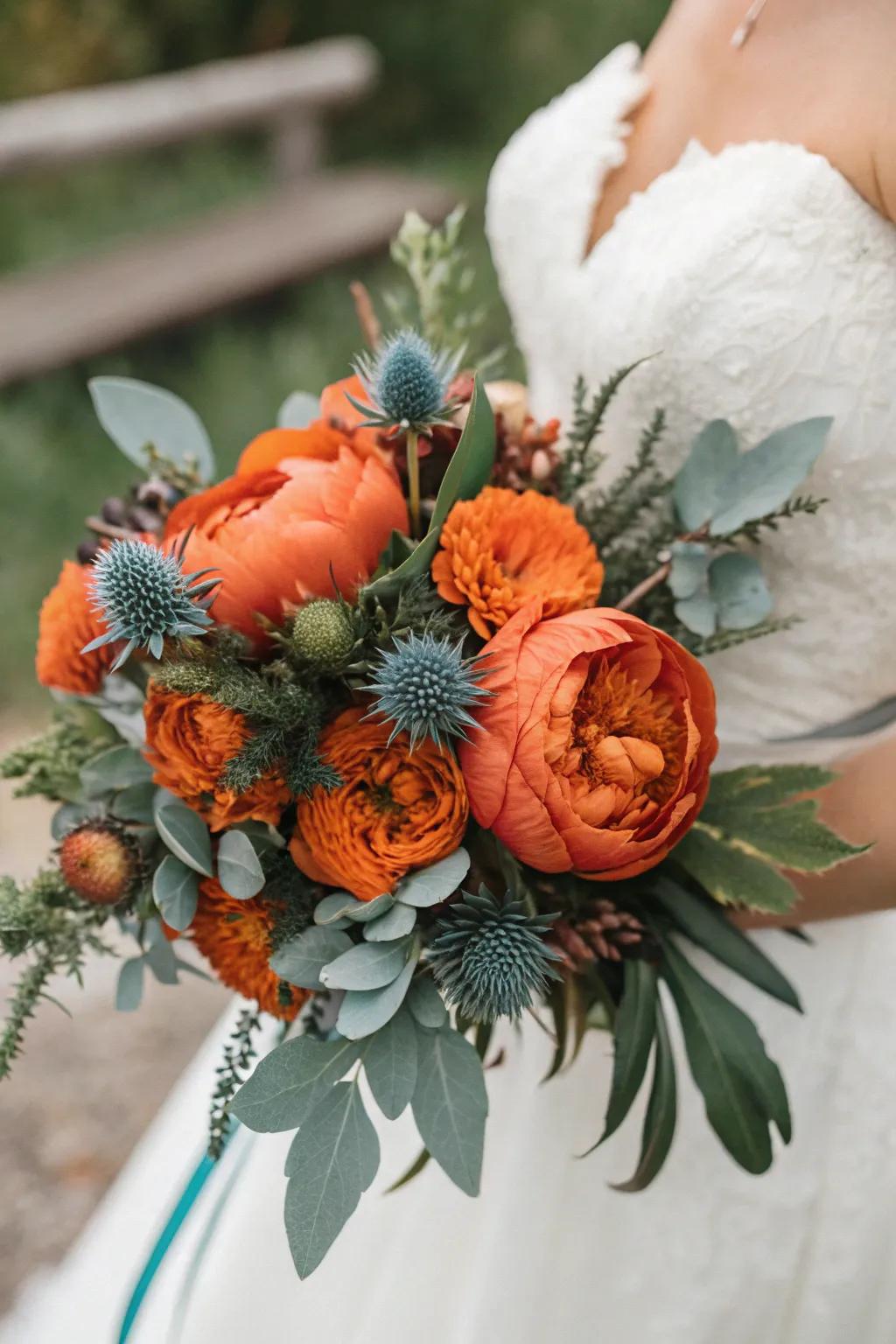 A bridal bouquet blending bold shades exquisitely.