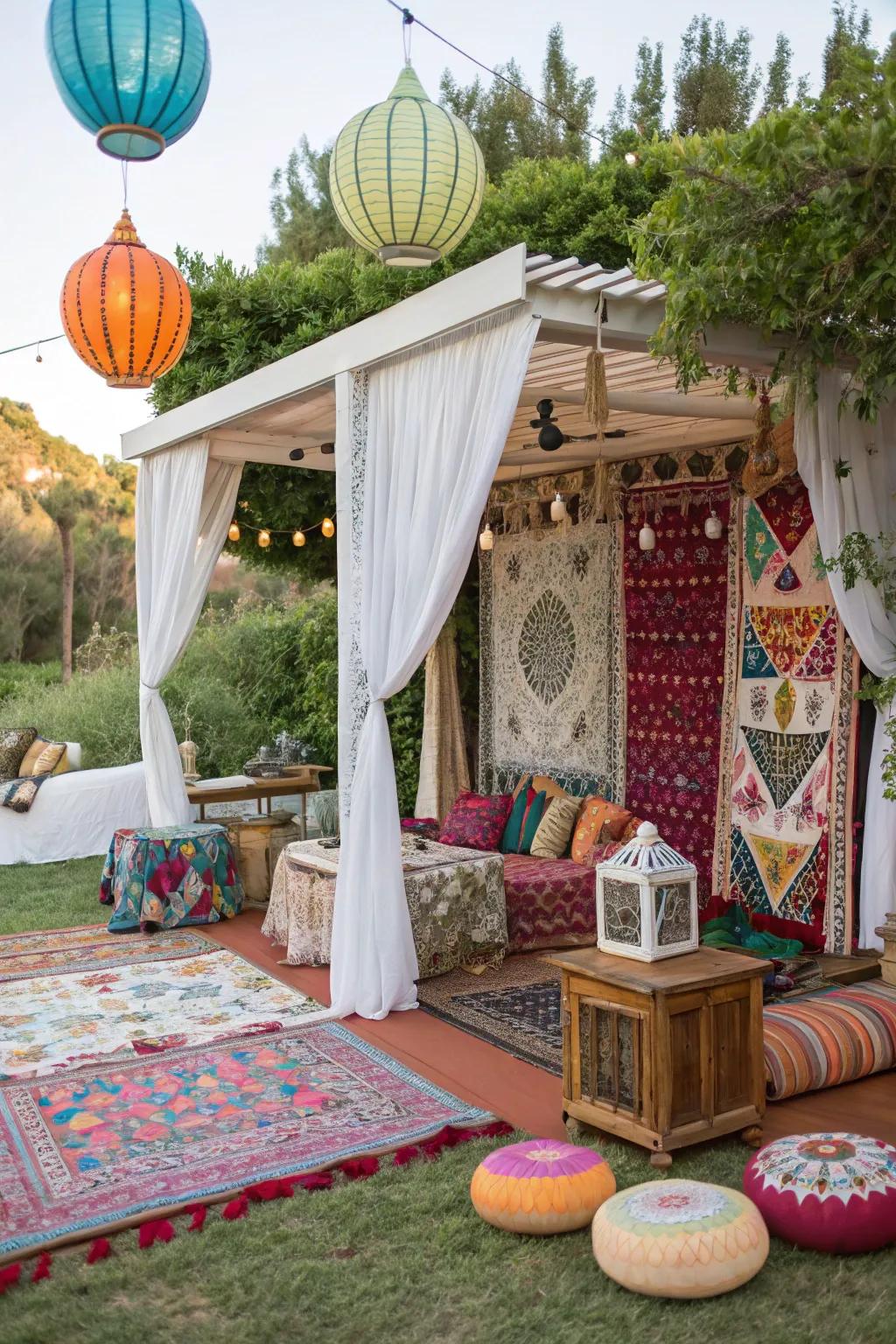 A bohemian cabana featuring vibrant textiles and unique decor.