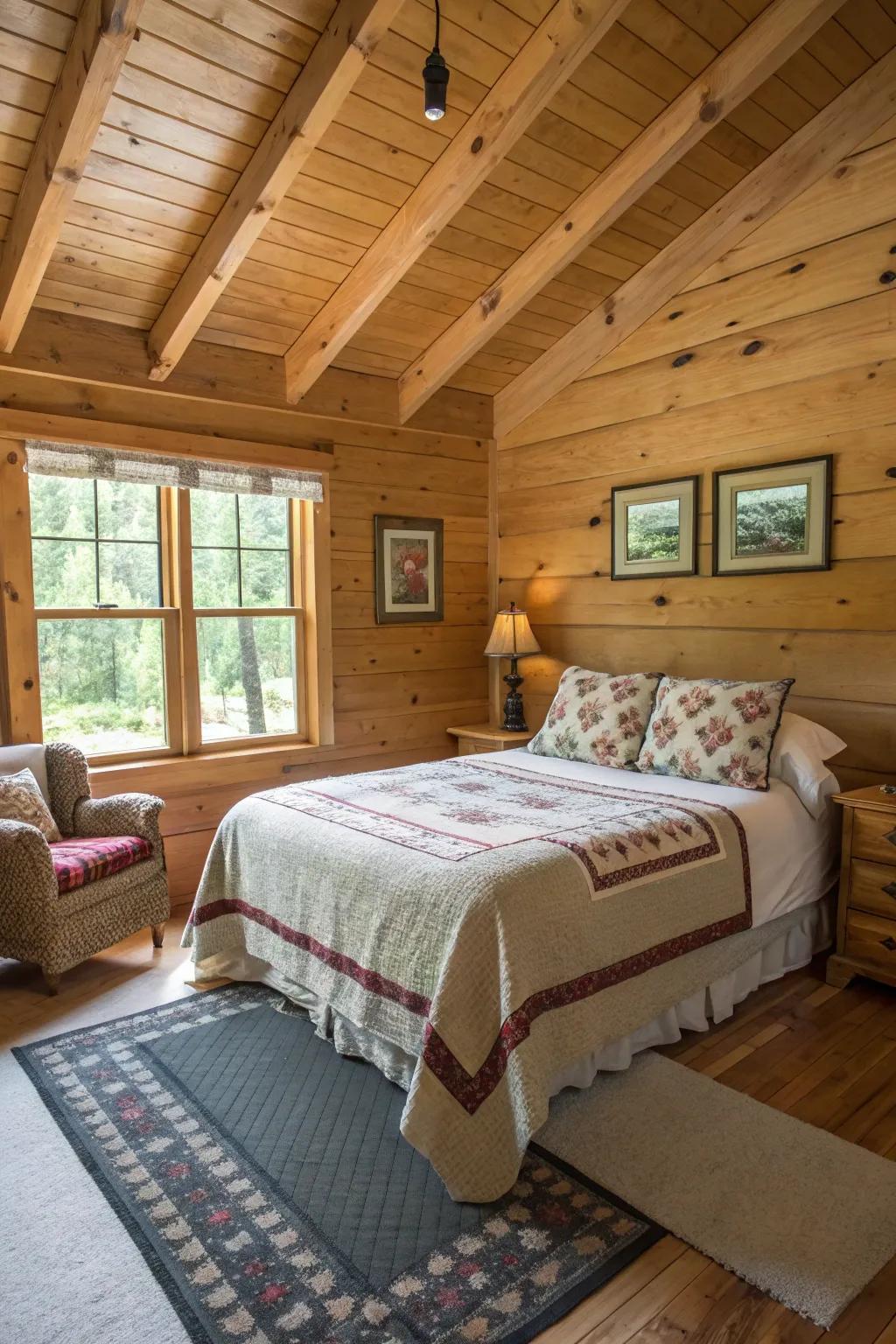 A cabin bedroom with an open layout and minimal furniture.