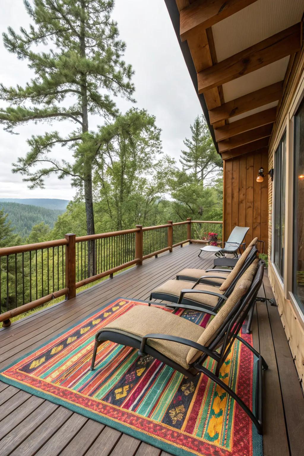 An outdoor rug adding warmth and style to the deck.