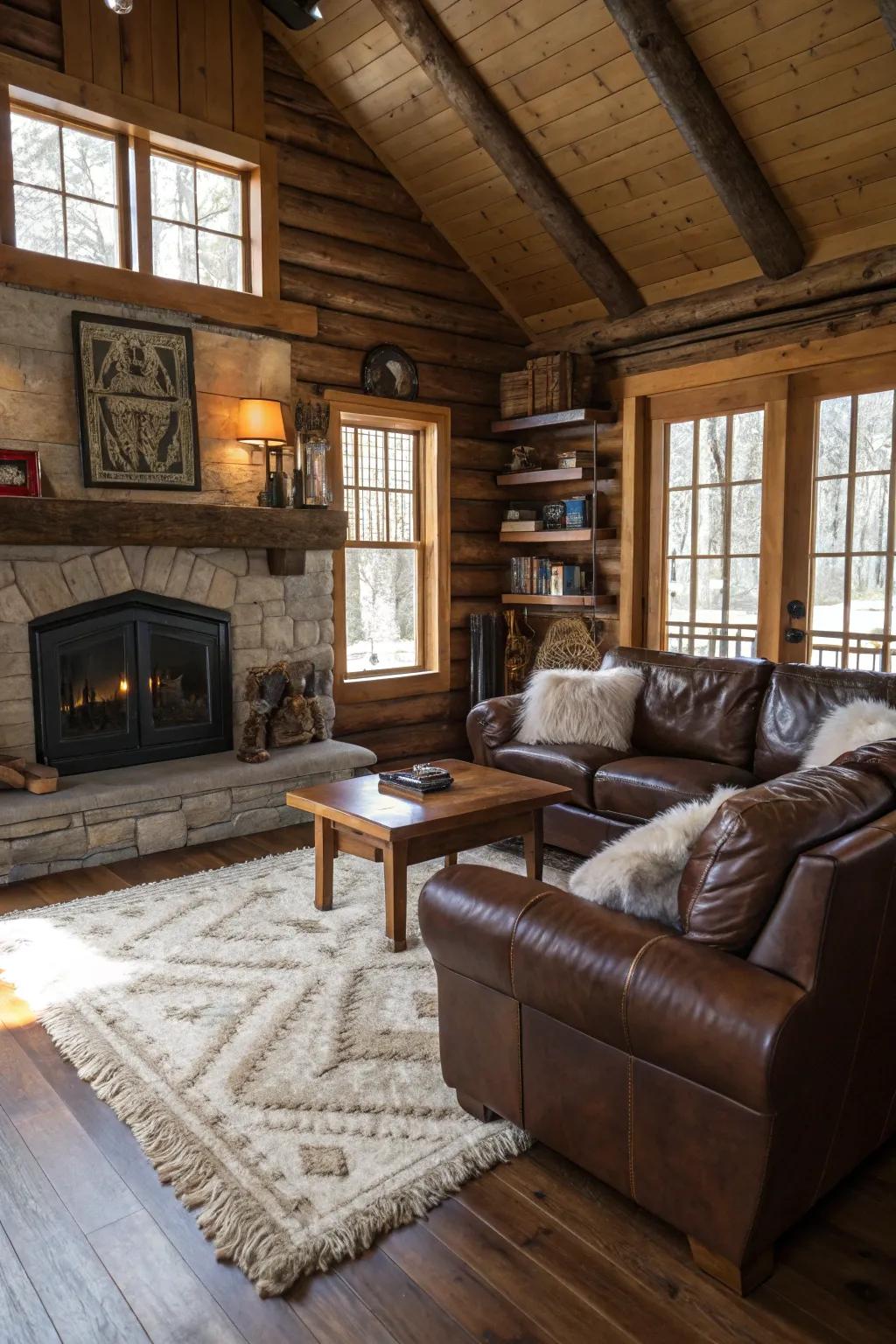 Mixed-material finishes inside an attractive cabin living space