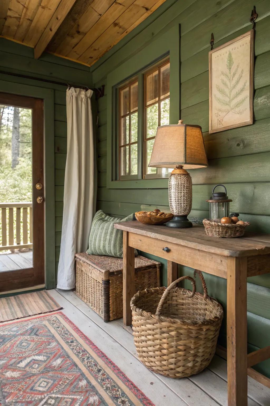 A natural color theme creates a welcoming and unified cabin atmosphere.